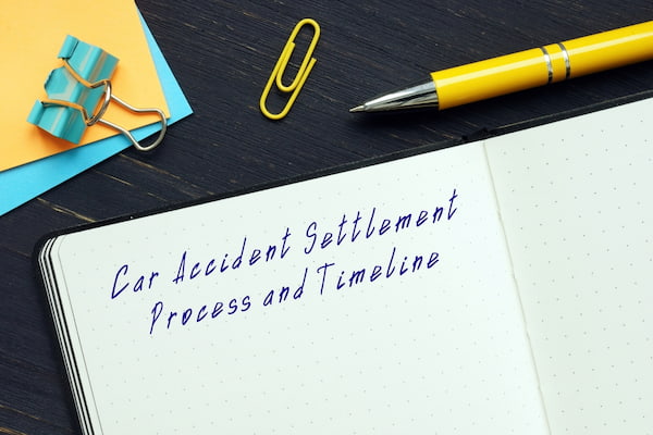 Notebook with the words car accident settlement process and timeline